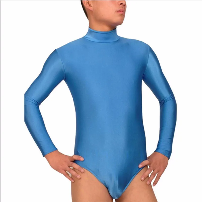 Adult-Spandex-Lycra-Mock-Neck-Leotard-Mens-Long-Sleeve-Short-Unitard-Bodysuit-Dance-Costumes-Men-Zipper