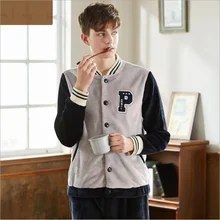 Зимняя мужская Повседневная Лоскутная Пижама, комплекты для влюбленных, теплая фланелевая одежда для сна, костюм для мужчин, Бейсбольный воротник, пальто+ брюки, XXL