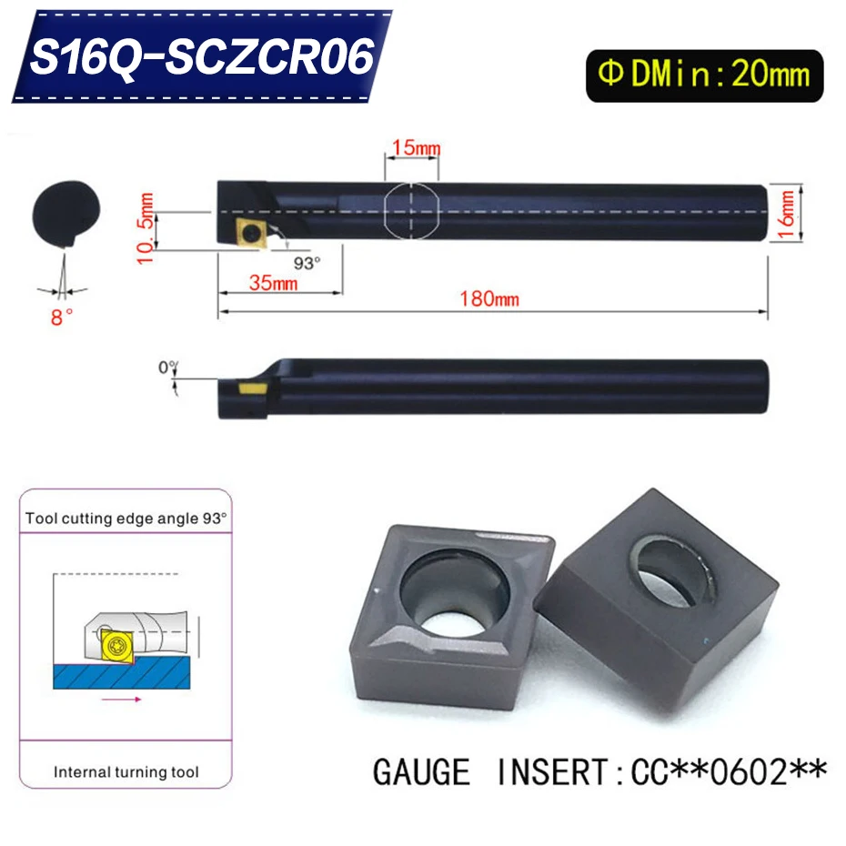 

S16Q-SCZCR06 93 Degrees Internal Turning Tool Holder For CCMT060204 CCMT060208 Insert Internal Boring Bar Lathe Machine