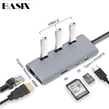 

Basix USB C HUB Type C To HDMI Adapter Gigabit Ethernet Rj45 USB 3.0 SD/TF Card Reader Type C Hub PD Charging for Macbook Pro