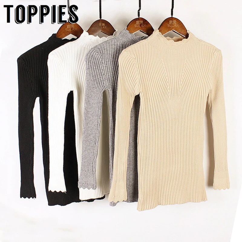 2021 Slim Knitted Sweater Woman Black White Khaki Ruffles Collar Jumpers Autumn Winter Tops | Женская одежда