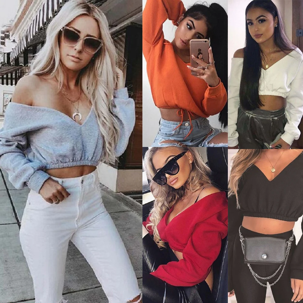 

New Casual Brand Solid Women Long Sleeve Deep-V Neck Top Off Shoulder T-Shirt Fleece Tops