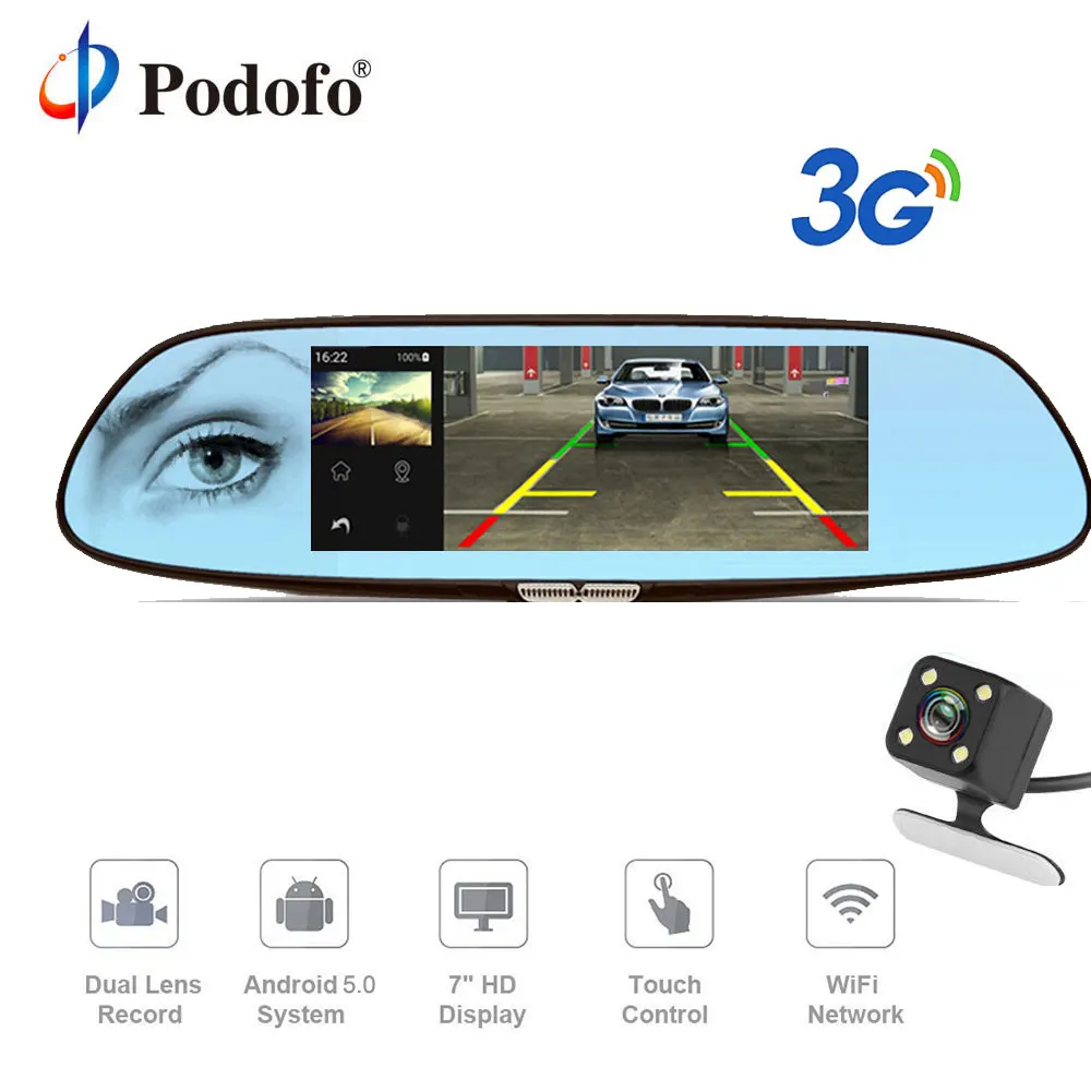 

Podofo 3G 7" Dash Cam Car DVR Mirror Android 5.0 GPS Bluetooth Dual Lens WIFI Rearview Mirror Video Recorder Touch Car Dvrs