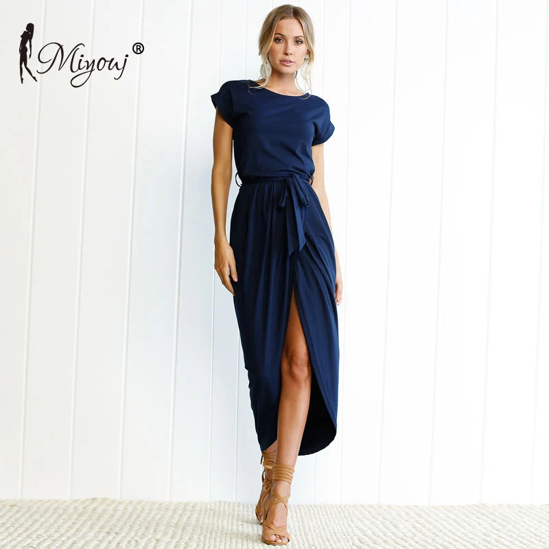 

Miyouj Irregular Long Beach Dress Women O-Neck Short Sleeve Beachwear Summer Vestido De Praia Ladies Casual Maxi Dresses Swim