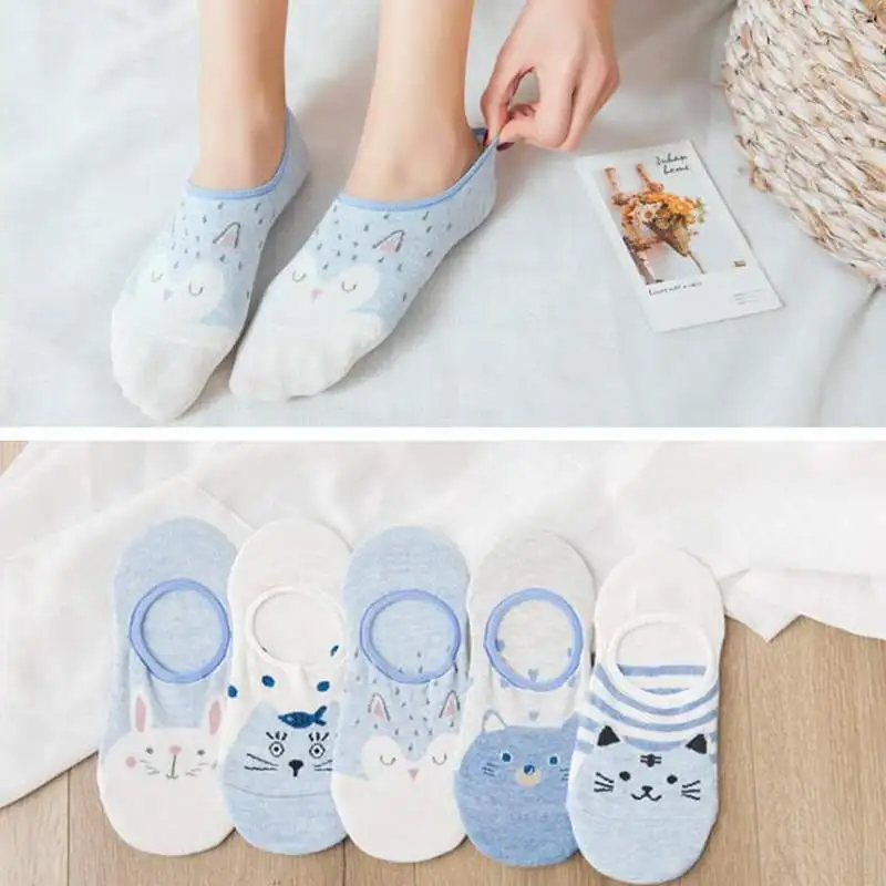 Harajuku/5 пар/лот, носки с ушками животных, женские хлопковые короткие носки, короткие Носки с рисунком единорога, кошки, лисы для девушек, skarpetki - Цвет: blue cat short