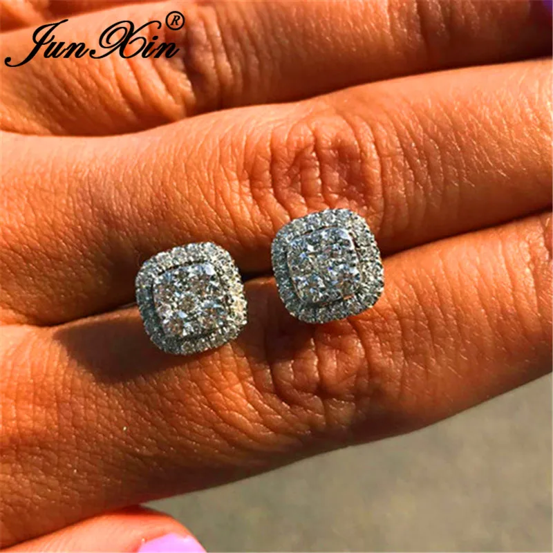 JUNXIN милые Квадратные Серьги Серебро 925 пробы, Цвет Розовое золото винтажные хрустальные серьги гвоздики Женская циркониевая свадебные серьги, ювелирные изделия