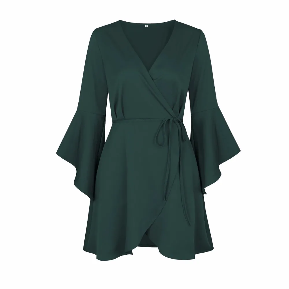 Sexy Sash Wrap Dress Women Spring Dress V Neck Flare Sleeve Mini Dress