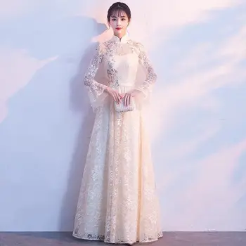 Champagne Fashion Chinese Lace Short Cheongsam Dress Embroidery Long Sleeve Chinoise Oriental Style Dresses Qi Pao Size S-XXXL Champagne Fashion Chinese Lace Short Cheongsam Dress Embroidery Long Sleeve Chinoise Oriental Style Dresses Qi Pao Size S-XXXL