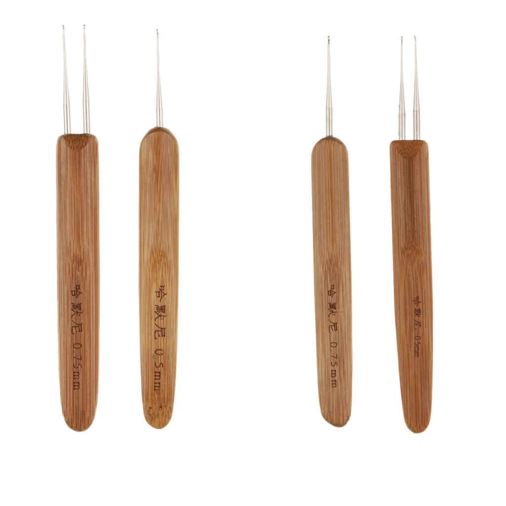 4pcs Bamboo Hair Weaving Crochet Needles Dreading Hooks Dreadlock Tool for Braid Craft 0.5mm 0.75mm