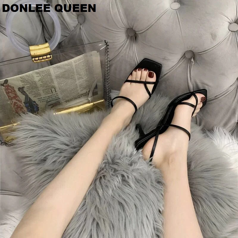 Cheap DONLEE QUEEN 2019 Ankle Strap Heels Women Sandals Summer Shoes Open Toe Chunky Med Heel Party Dress Shoes Narrow Band Sandal New