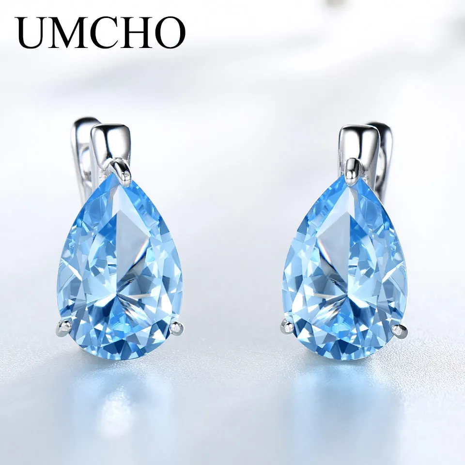 

UMCHO Genuine 100% 925 Sterling Silver Jewelry Pear Created Sky Blue Topaz Clip Earrings For Women Anniversary Gift Fine Jewelry