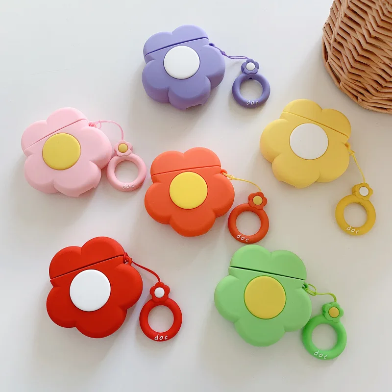 

Bluetooth Earphone Case for Airpods Accessories Protective Cover with Anti-lost ring Strap Cute Cartoon soft Silicone 3D Flower