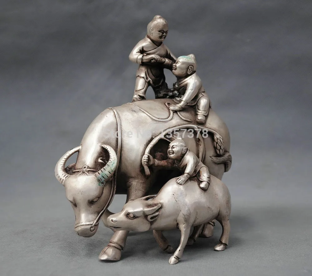 

shitou 00428 8'' China Silver Bronze Three children Ride cow Bronze Statue discount 30% (C0324)