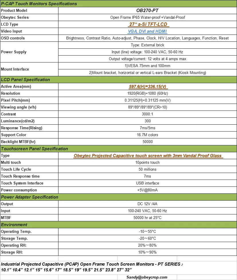 Obeytec 27 дюймов ЖК-P-CAP емкостный сенсорный монитор с открытой рамкой, FHD Разрешение, PCAP сенсорный экран, 10 точек касания, 1920*1080