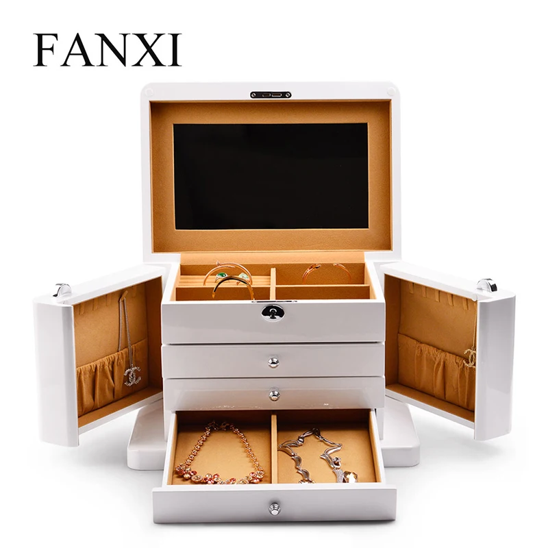 FANXI Solid Wooden Jewelry Box Four Layer Ring Earring Box Case Drawer Jewelry Storage Box with Make Glass