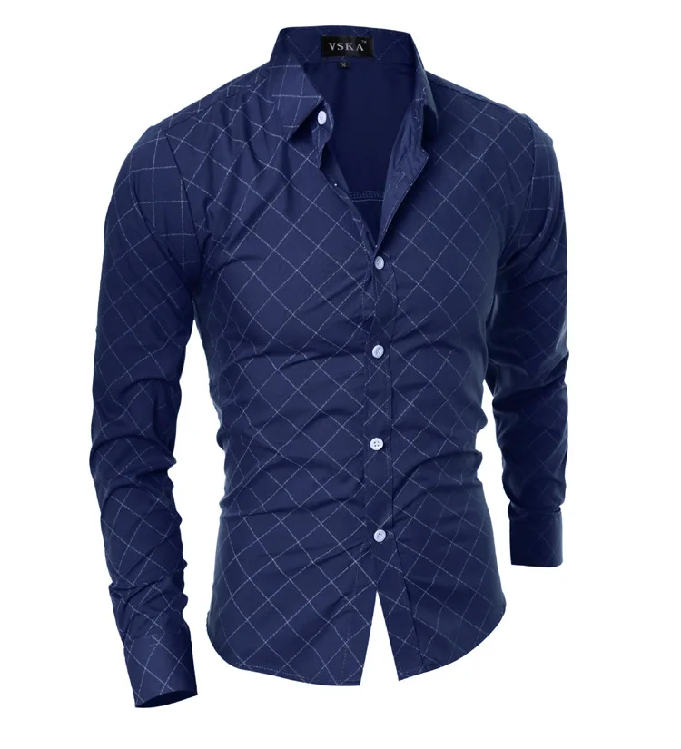 Checkerboard Casual Fashion Men Shirt Patchwork Dress Shirt Slim Fit