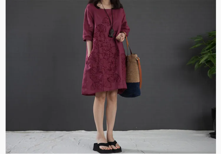 Весеннее новое поступление женское модное платье с короткими рукавами и круглым вырезом из хлопка и льна, свободное платье с вышивкой, винтажное платье Vestidos 188