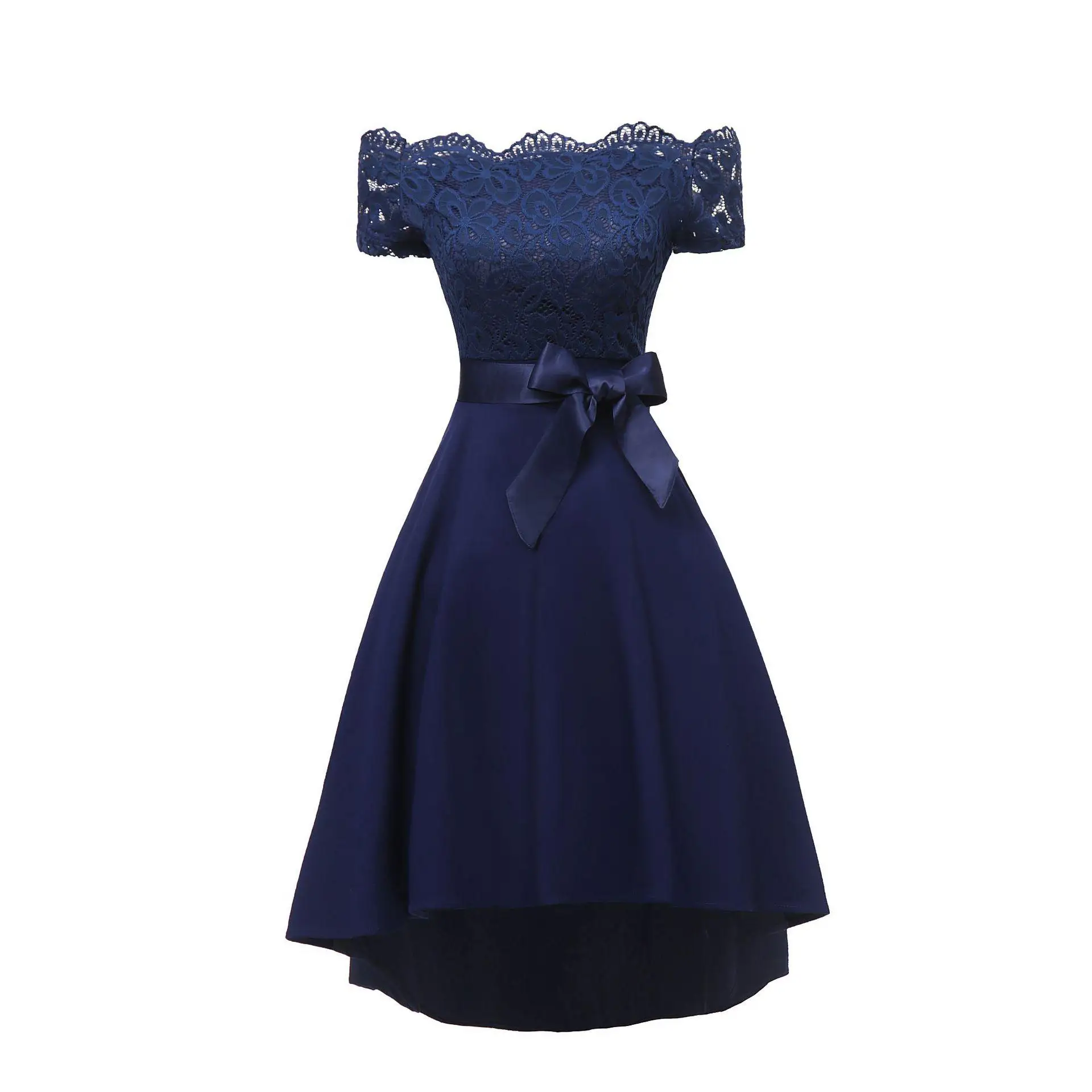 Реальные фотографии кружевное элегантное короткое платье невесты Vestidos De Festa вечернее платье без Плеч Вечерние платья Robe hond'honneur - Цвет: Navy Blue