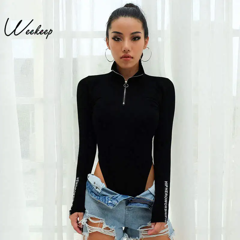 

Weekeep Women Sexy Bodycon Long Sleeve Bodysuit Spring Autumn Stand Colloar High Waist Hollow Out Romper Slim Clubwear Bodysuits