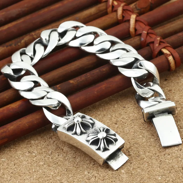 

Wholesale S925 Sterling Silver Personalized Jewelry Retro Thai Silver Simple Smooth Cross Bracelet Bracelet
