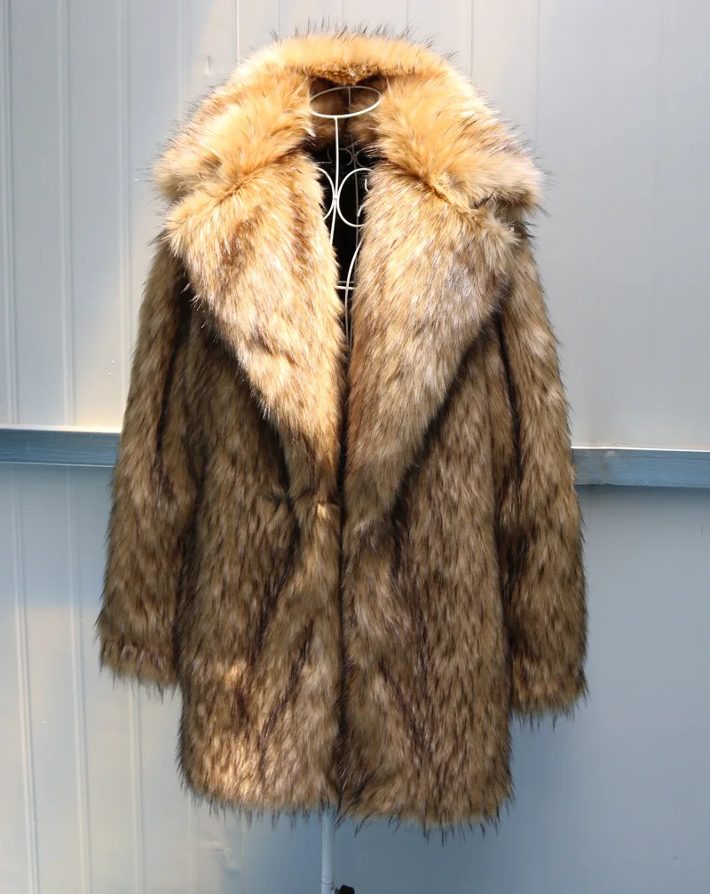 tall leather jacket Autumn and Winter New Men's Large size Loose Fur Coat Imitation Raccoon Hair Long coat Thick Warm Lapel Artificial Fur clothing red leather jacket mens