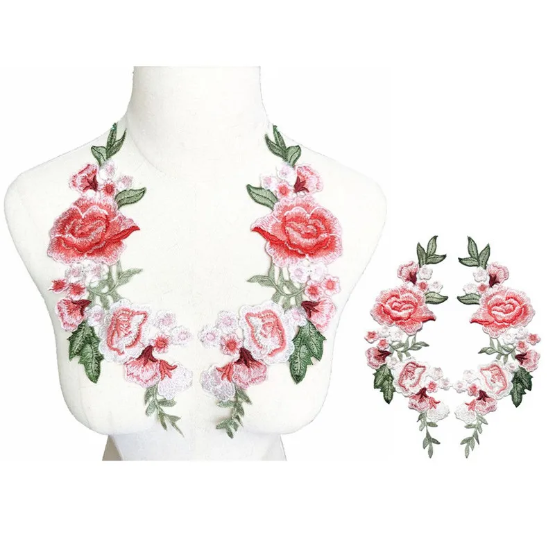 

2PCS 27CM Embroidered Sew On Patches Roses Flowers Peony Orange Red Wedding Appliques Lace Trims For Bride Evening Dress DIY