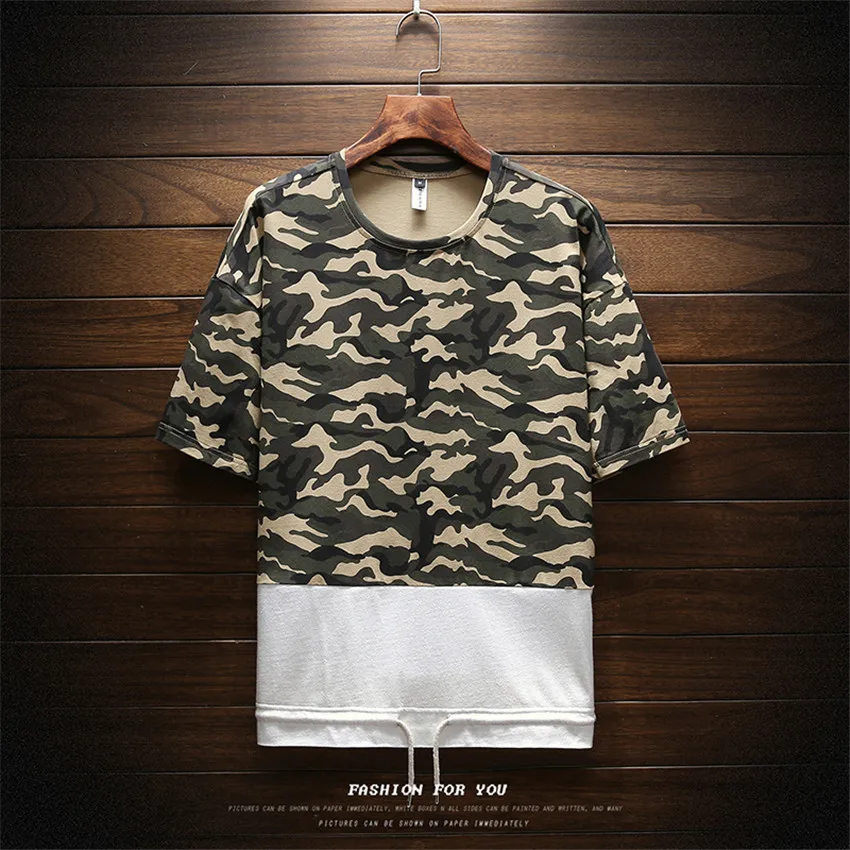 

2018 Fashion Mens Casual Round Neck T-shirt New Explosion Models Hem Drawstring Camouflage Fake Two Short-sleeved Men T shirt