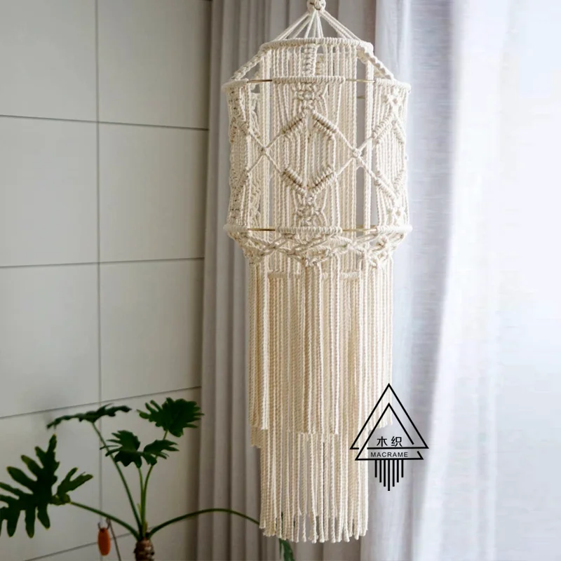 

Long Macrame Gold Ring Woven Chandelier B&B Decorative Lampshade Restaurant Bedroom Mandala Lantern Wall Hanging
