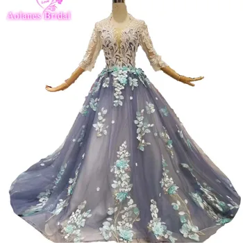 

New Arrival Luxury Gray Prom Dresses Elegant 3d Floral Appliques beautiful Evening Dress Dubai Arabic Formal Wear Robe De Soiree