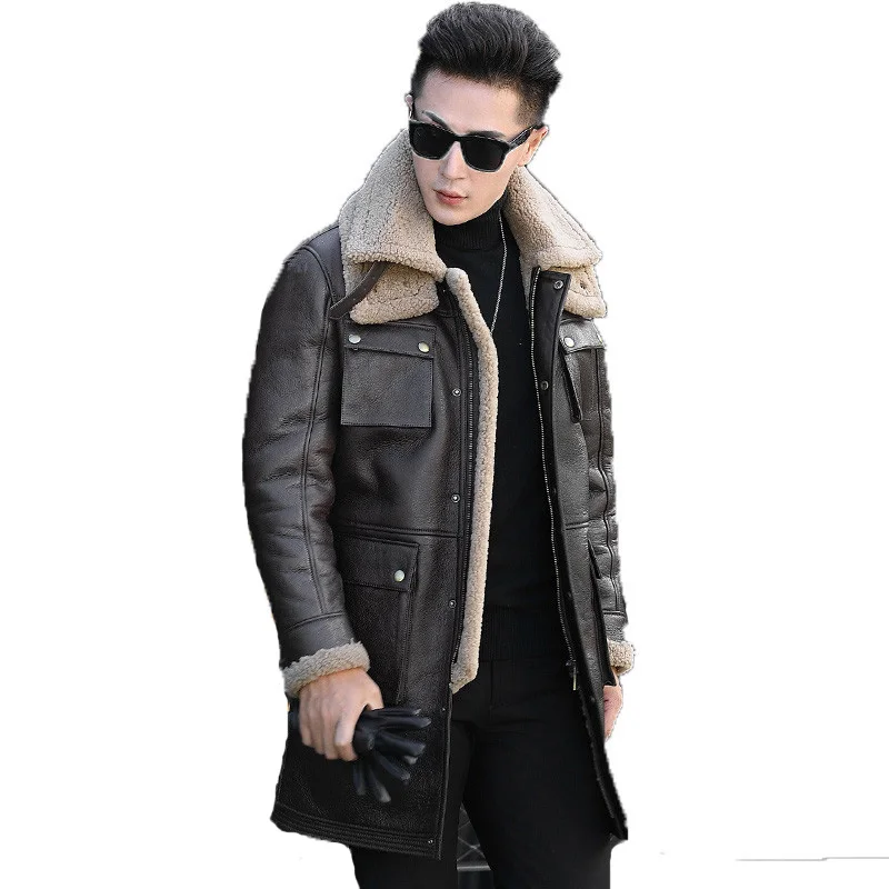 

2019 Genuine Leather Jacket Real Wool Fur Coat Winter Jacket Men Real Sheepskin Coat for Men Warm Long Jackets L18-6102 MY1766