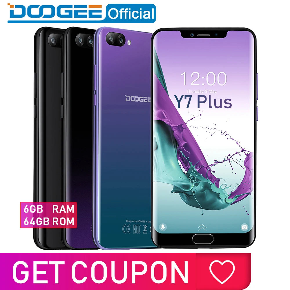 DOOGEE Y7 Plus мобильный телефон 6,18 дюймов 1080*2246 экран MTK6757 Восьмиядерный 2,5 ГГц 6 ГБ ОЗУ 64 Гб ПЗУ 16.0MP + 13.0MP 5080 мАч Android 8,0