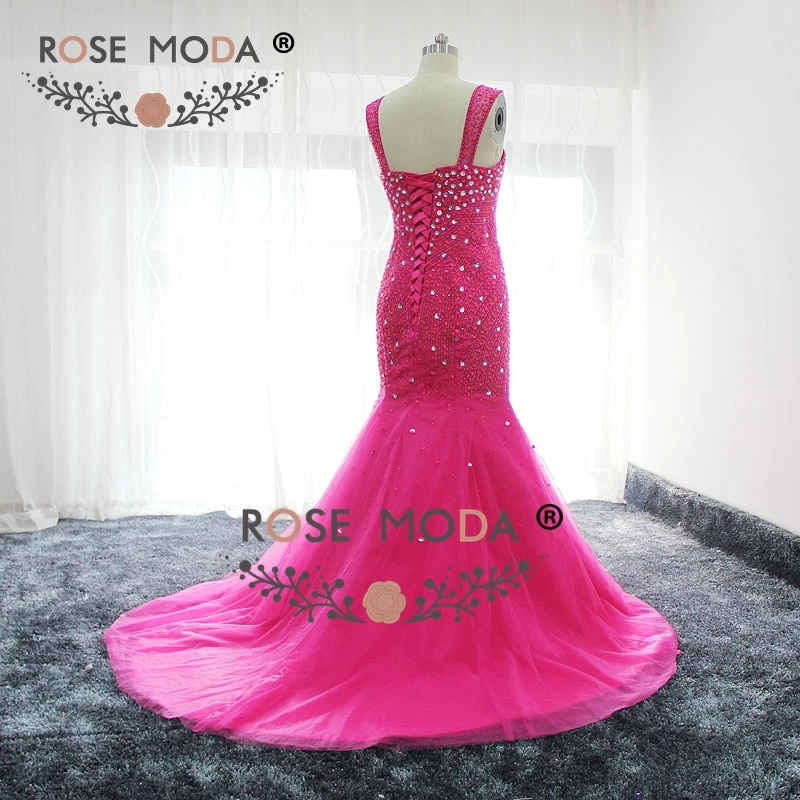 Роза Moda Кепки рукава ярко-розовый Кристалл бисера Русалка платье для выпускного вечера Кружево на спине реальные фотографии