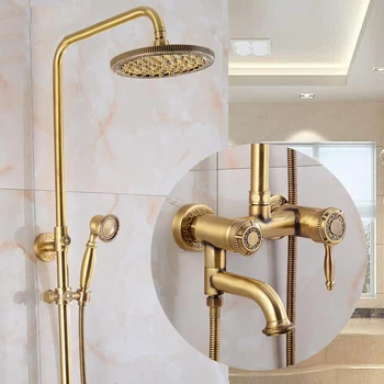 

New Arrival luxury Retro Bathroom Wall Mounted Carving Hand Held Antique Brass Shower Head shower Kit Shower Faucet Set