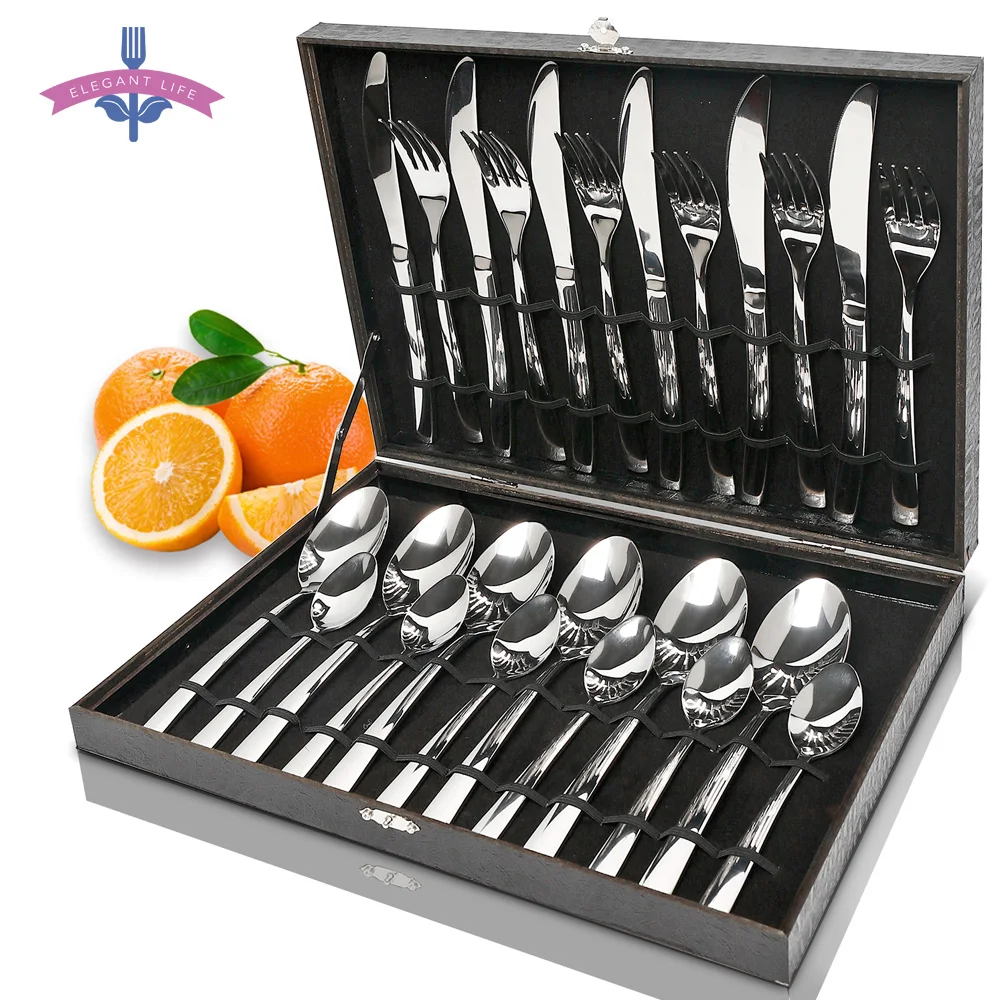 Conjuntos de Polimento do Espelho Espelho do Aço Caixa de Talheres Colher de Madeira Caixa de Presente de Madeira 24 Pcs Faqueiro Talheres do Aço Inoxidável Talheres Louça