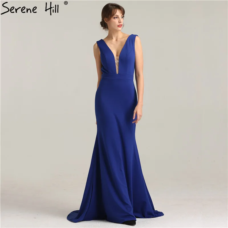 Новые синие атласные сексуальные платья для выпускного вечера, длинные платья с глубоким v-образным вырезом, модные элегантные платья Festa Curto Serene Хилл LA6106