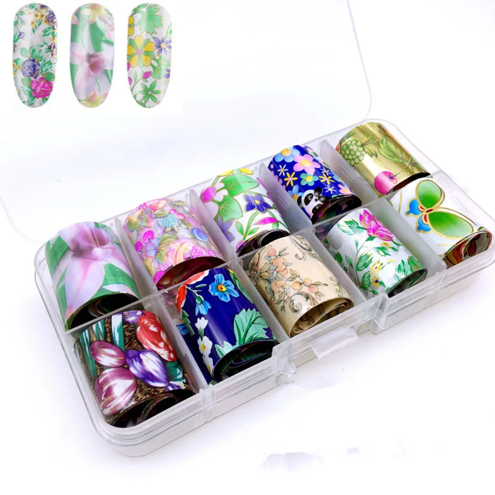 

New 10pc/box Starry Sky Stars Nail Art Stickers Tips Flower Panda Image Shell Patter Wraps Foil Transfer Acrylic DIY Decoration