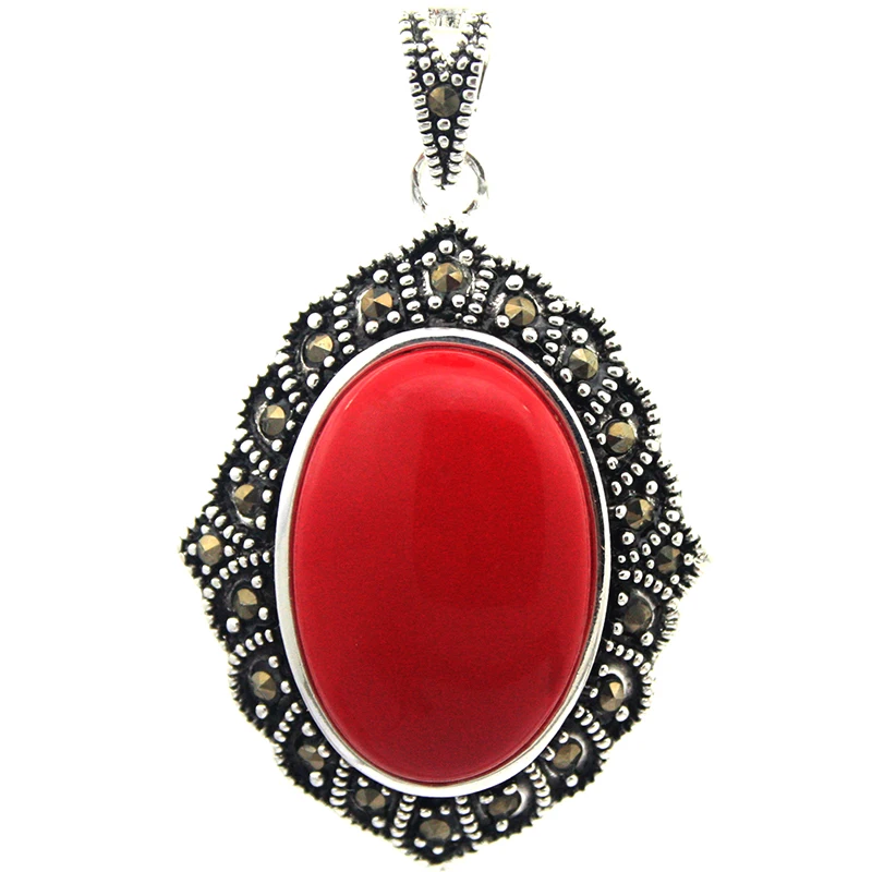 

VINTAGE 925 STERLING SILVER IMITATION RED CORAL MARCASITE PENDANT 27x43MM