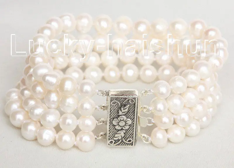 

FREE shipping>>>>8" 4 Strand 8mm white FW pearls bracelet 925 silver clasp j10685 6.05