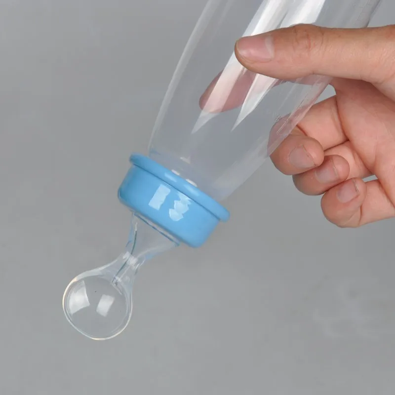 240 мл детская бутылка детская ложка экструзия уход за рисовым кормлением паста Силиконовая безопасная анти-осколочная крышка - Цвет: Blue
