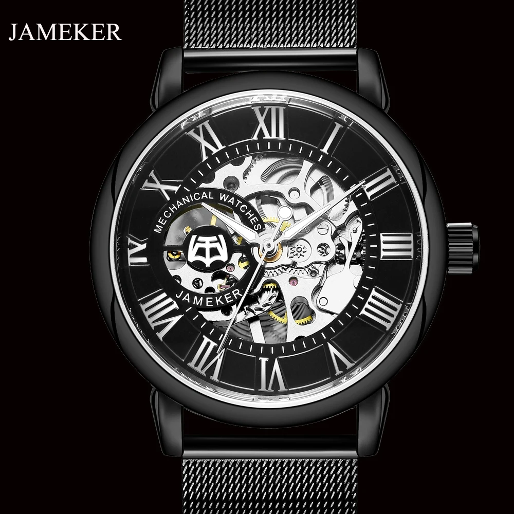 

JAMEKER Transparent Case 2019 Fashion 3D Logo Engraving Black Stainless Steel New Men Mechanical Watch Top Brand Luxury Skeleton