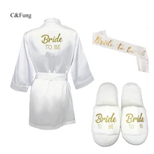 C& Fung/комплект из 3 предметов для невесты; атласный короткий халат; тапочки для невесты; пеньюар для невесты; femme; Свадебные вечерние туфли; коллекция года; подарок для невесты