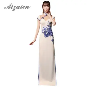Blue White Porcelain Cheongsam Long Qipao Dresses Traditional Chinese Clothing For Women Oriental Evening Dress