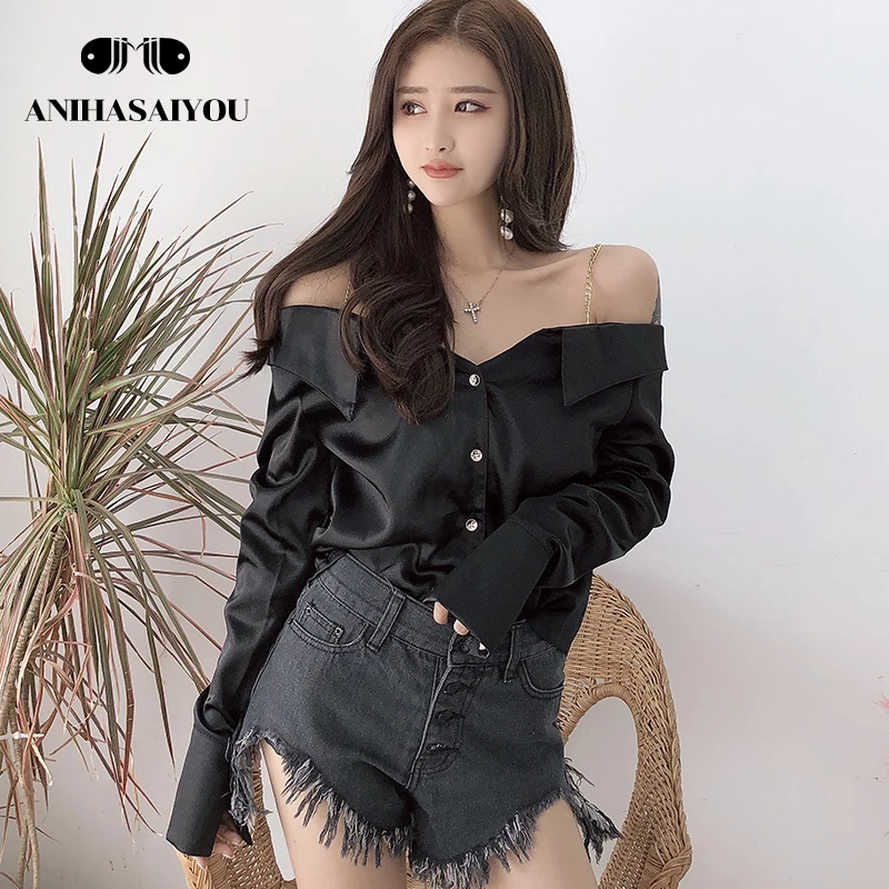 Fashion camisa feminina temperament sexy shirt strapless strap satin long sleeve Top one shoulder Blouse loose solid color Blouses