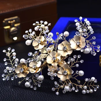 

Luxury Copper Wedding Seven Flowers Bridal Hair Clips Pearl Bridal Hair Accessories Crystal Hair Combs Handmade Wedding Jewelry