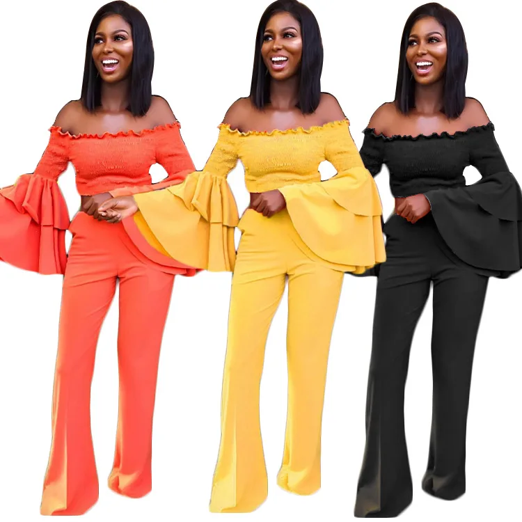 

Autumn Winter Women Yellow Orange Two Piece Set Slash Neck Off Shoulder Ruffle Bell Sleeve Crop Top Wide Leg Flare Pants Outfits
