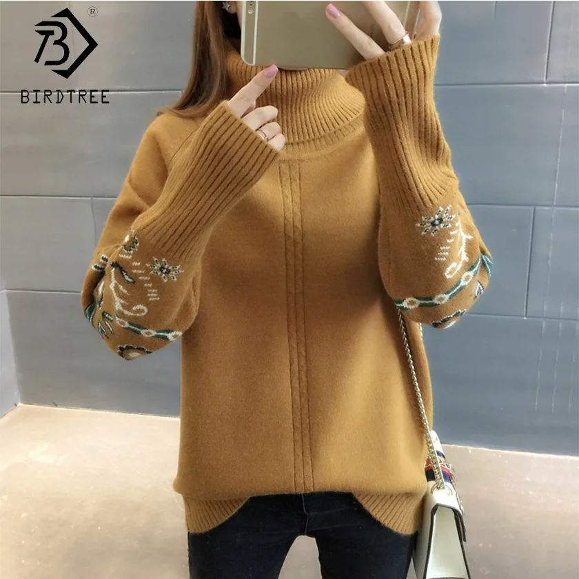 

2019 new tide two-turn high collar knit bottom embroidery pattern loose Korean version of the wild thick sweater C97704D