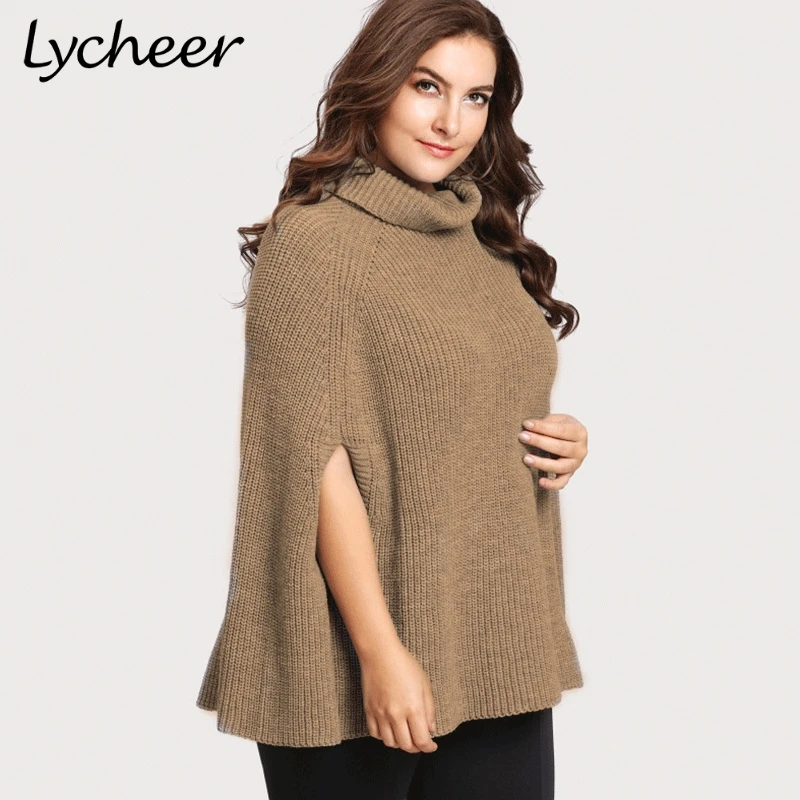 

Lycheer Plus size knitted turtleneck cloak sweater Women Camel casual pullover Autumn winter streetwear women sweaters pullovers