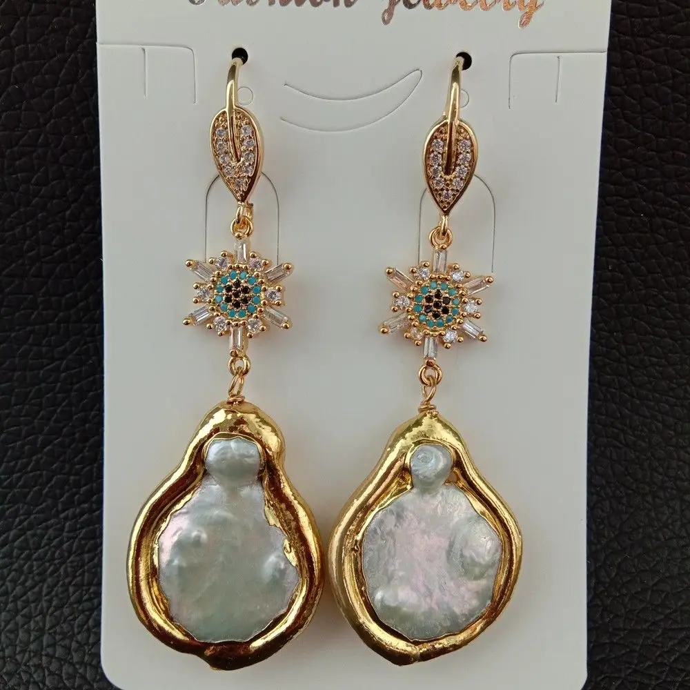

2.5" White Pearl Golden Macarsite Earrings