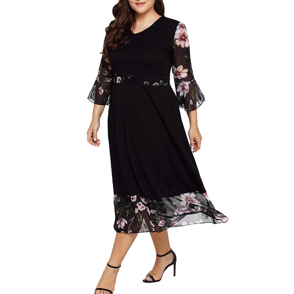 Women Bohe Long Dress Plus Size Long Sleeve Chiffon Strappy Loose Dress O-Neck Print Patch Dress for Clearence S-5XL