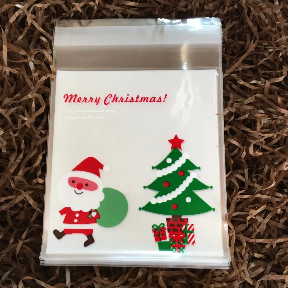 

DONYAMY 100pcs/lot Christmas Santa Gift Plastic Self Adhesive Cookie Packaging Bag Wedding Candy Gift Decoration Bag 10*10cm